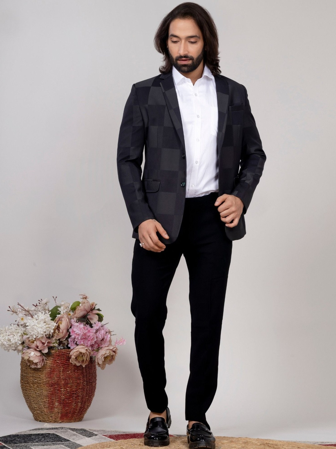 AEN FASHION Men Checked Notched Lapel Single-Breasted Blazer