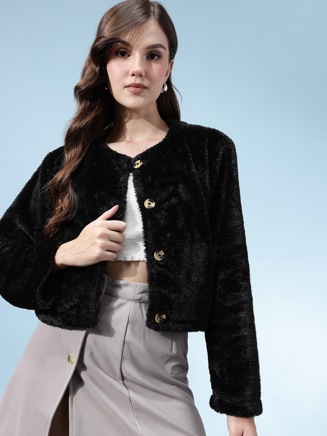 glitchez Faux Fur Crop Tailored Jacket