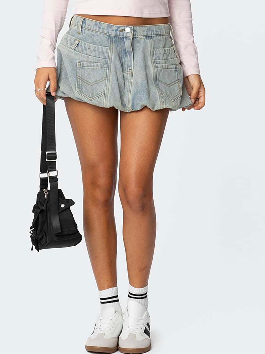 LULU & SKY Women Washed High-Rise Bubble Hem Mini Skirt