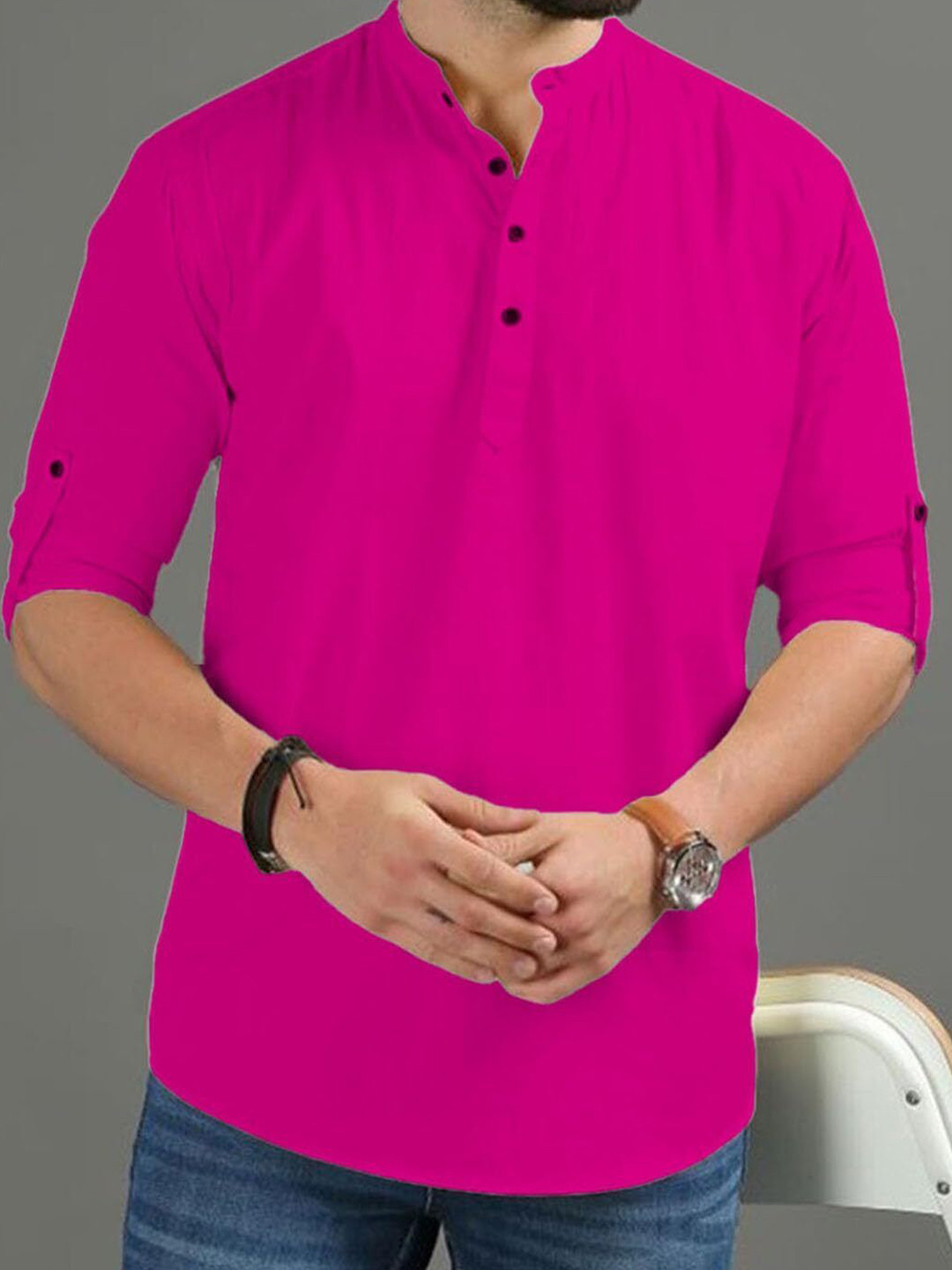 AMRIT TOP WEAR Band Collar Roll-Up Sleeves Pure Cotton Straight Kurta