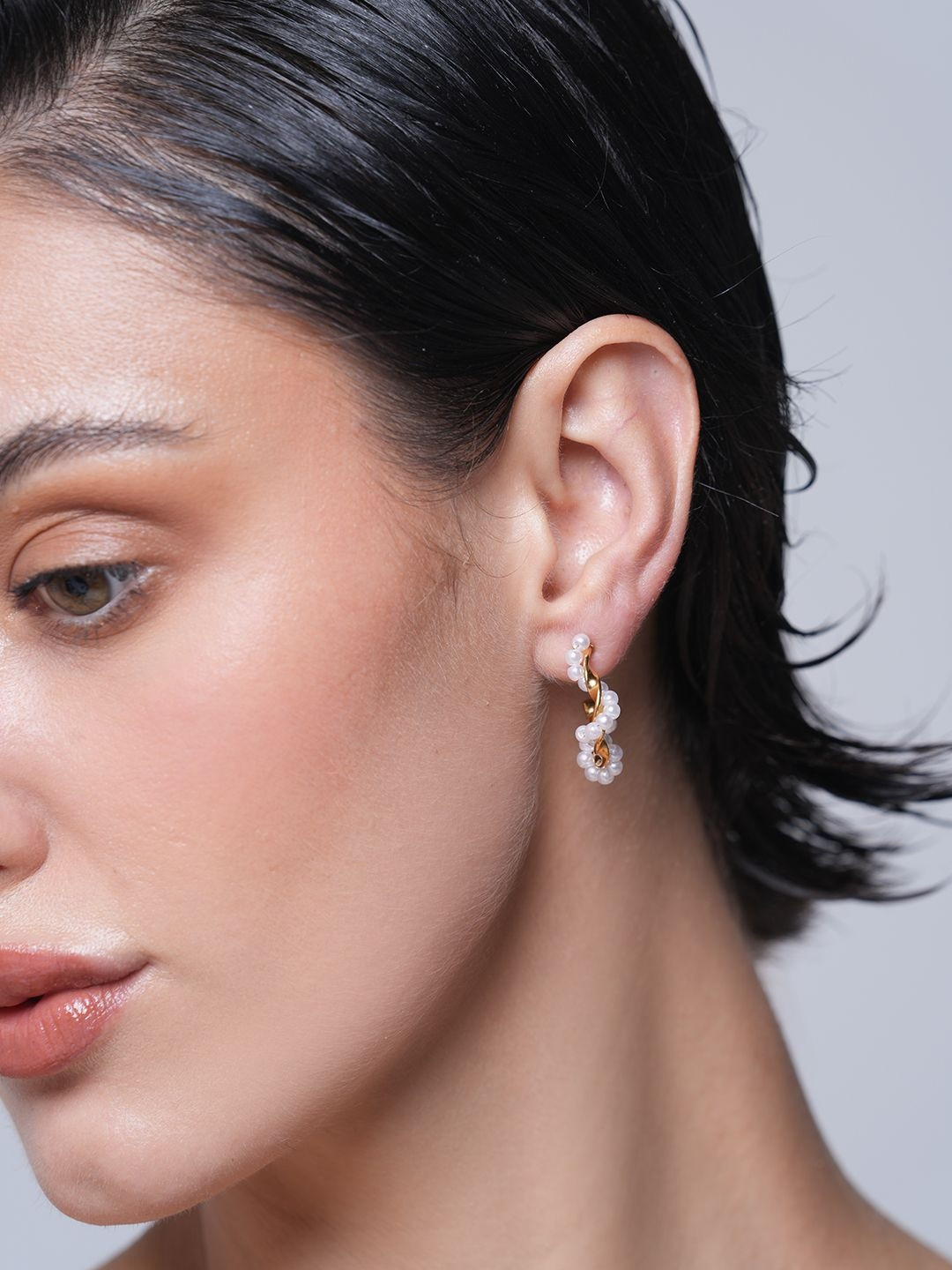 CAO Jewellery Stainless Steel Gold-Plated Pearls Beaded Semi Circular Half Hoop Earrings