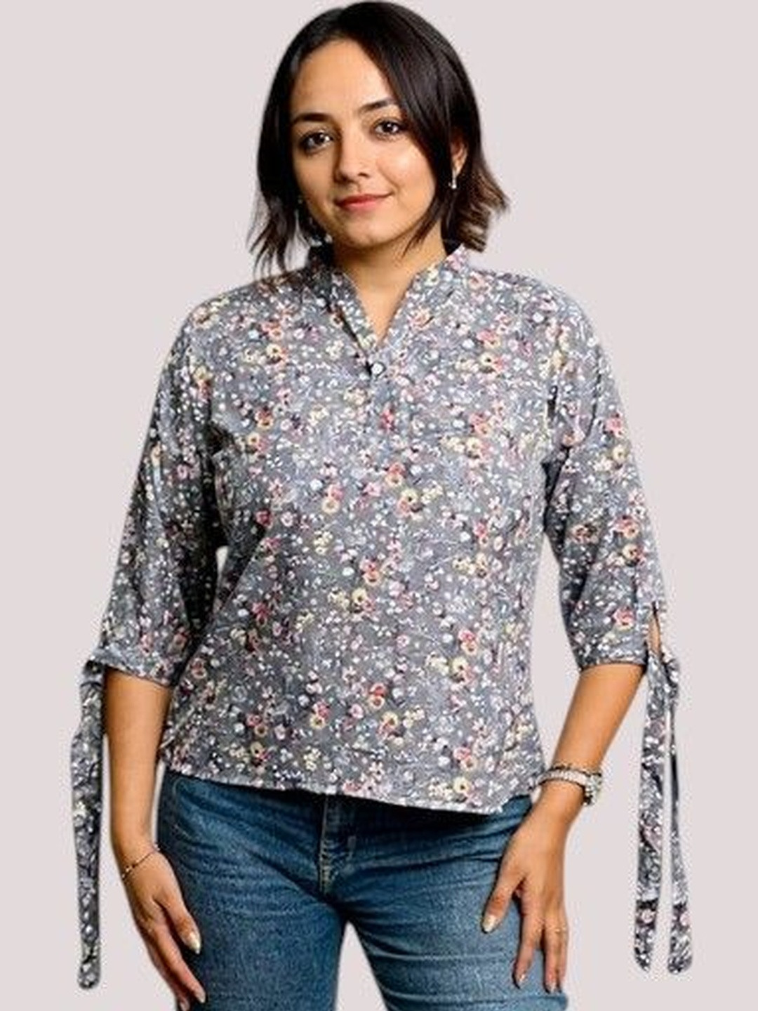 BAESD Women Floral Printed Mandarin Collar Top with Slit Elbow Sleeves