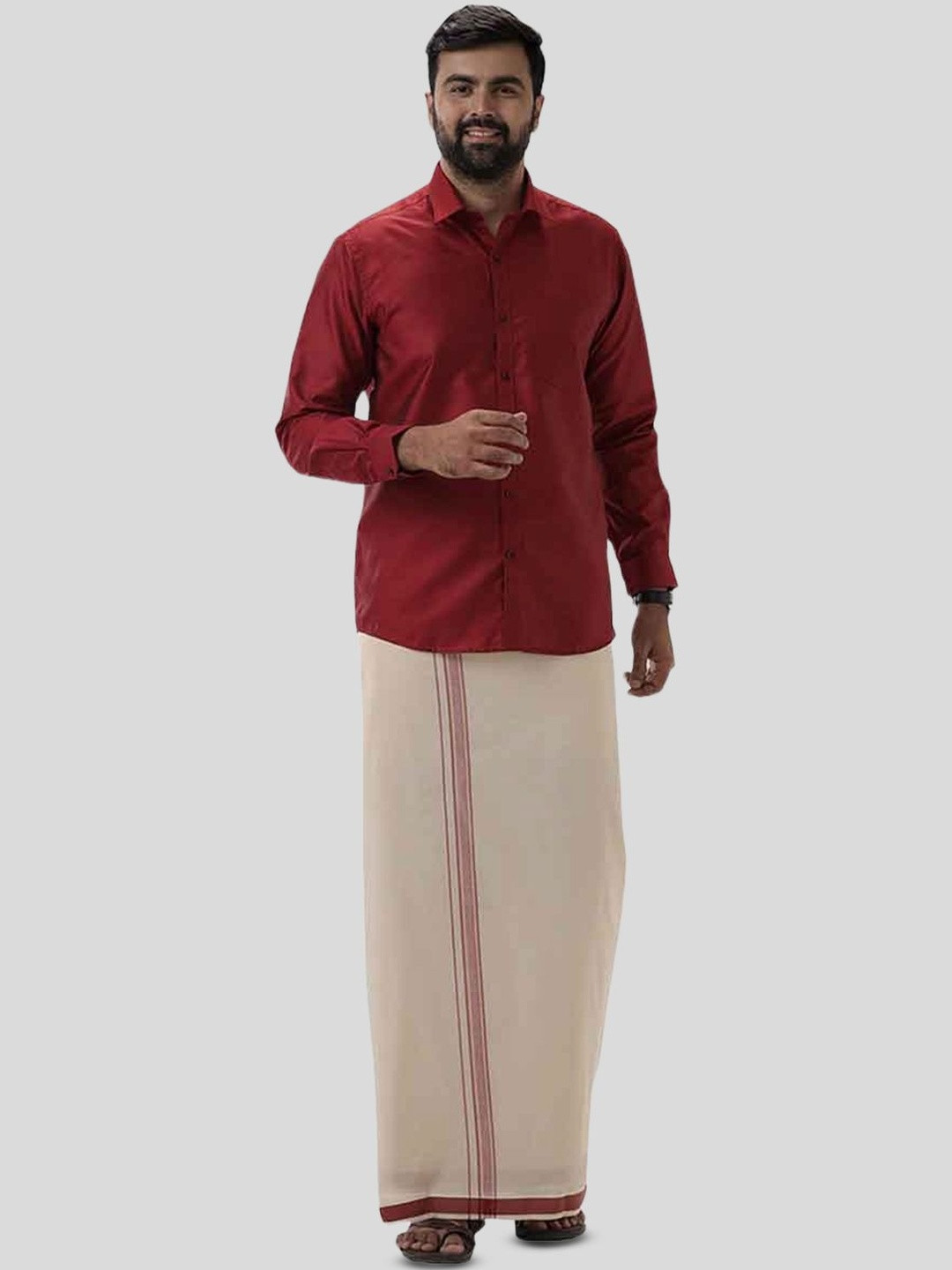 UATHAYAM Men Red Silk Blend Matching Full Sleeve Shirt and Single White Dhoti