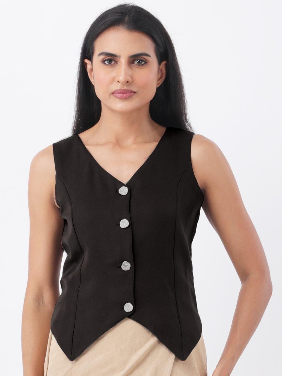 ANVI Be Yourself Solid V Neck Sleeveless Metal Buttoned Waistcoat