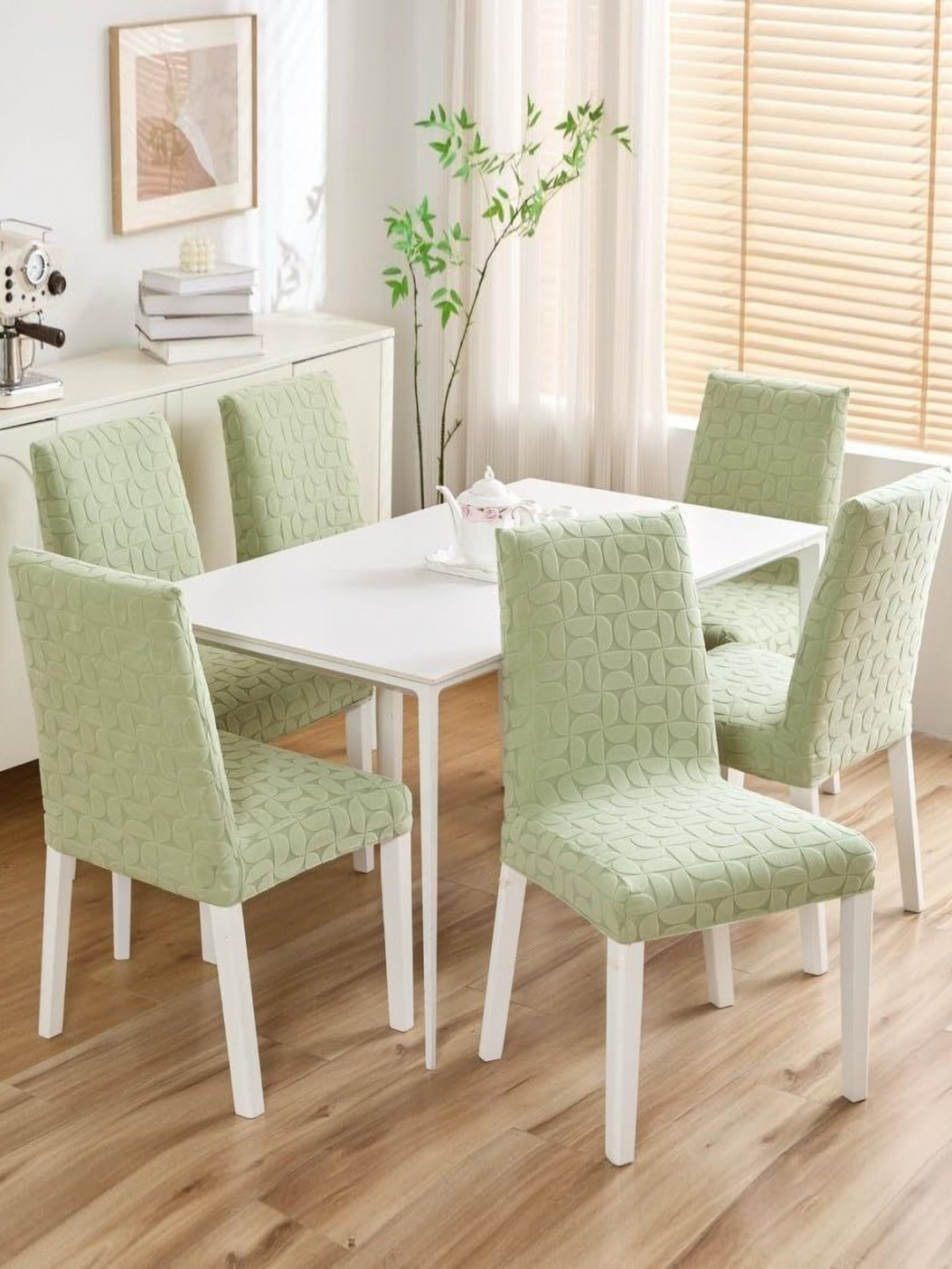 HOMETHREADS 6 Pieces Green Jacquard Self Designed Stretchable Chair Covers