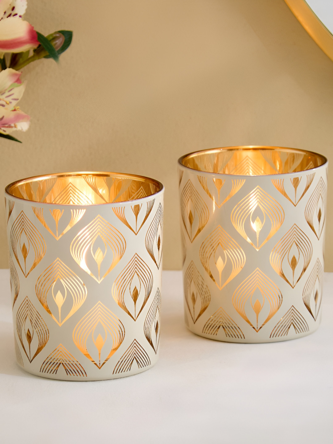 Home Centre Tamaira Gold-Toned 2 Pieces Peacock Feather Printed Glass Candle Holders