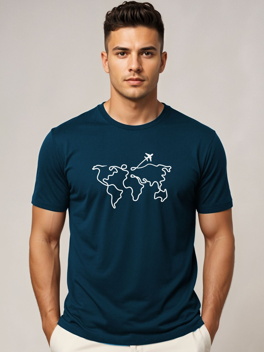 ADRO Wanderlust World Map Graphic Printed Round Neck Skin-Friendly Regular Fit T-shirt