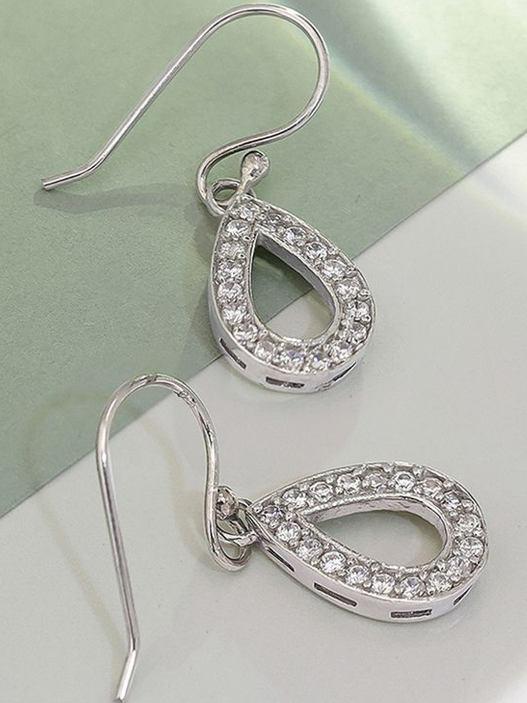 Tweov 925 Sterling Silver Rhodium Plated C Z Studded Teardrop Shaped Drop Earrings