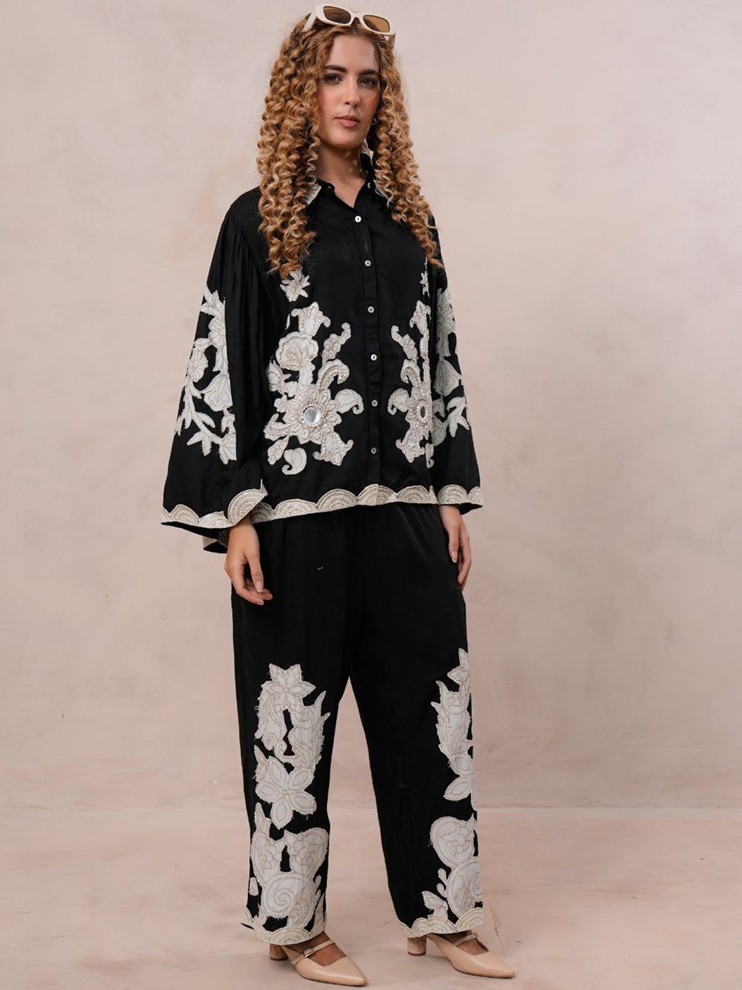 Zolo Label Embroidered Mirror Work Flared Sleeves Shirt With Trousers