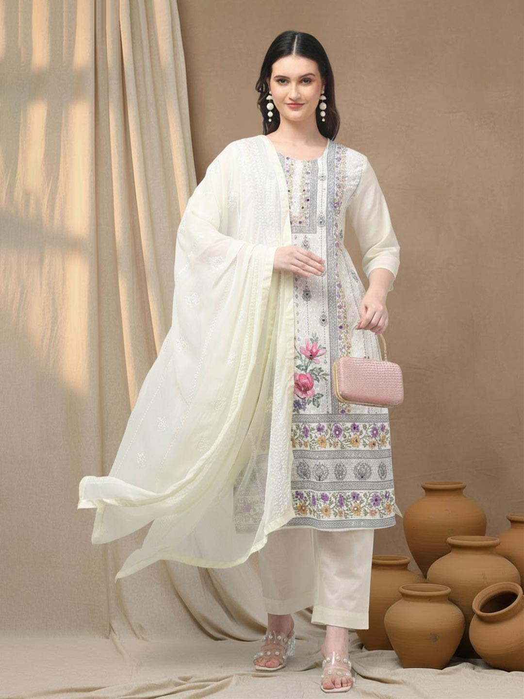 Aronita Women Floral Embroidered Mirror Work Pure Cotton Kurta with Trousers & Dupatta