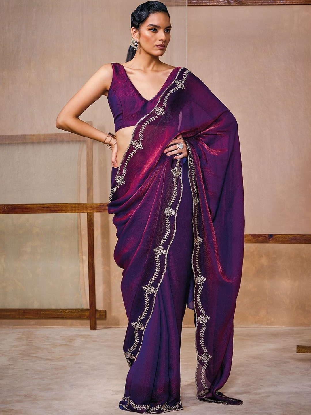 SochSolid Embellished Border Organza Saree