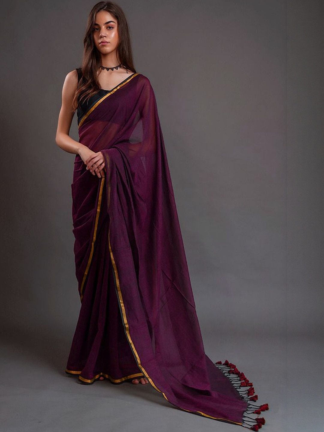 AWRIYA Gold Border Tassels Saree With Blouse Piece