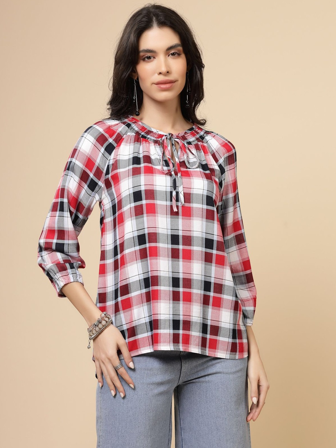 Nomad Lifestyle Women Checked Gathered or Pleated Tie-Up Neck Raglan Sleeves Regular Top