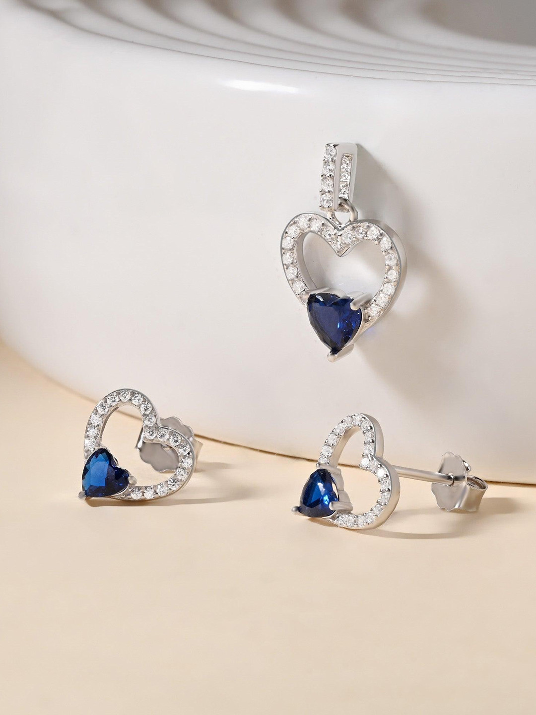 TOUCH925 Sterling Silver-Plated Cubic Zirconia Studded Heart Shaped Pendant And Earrings