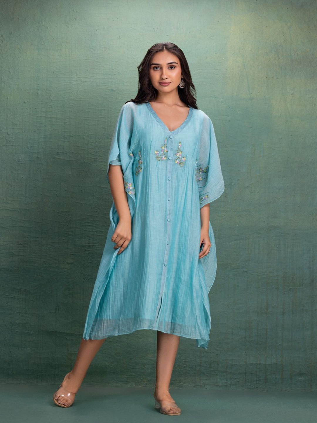 Kahani Lush Women Floral Embroidered Kimono Sleeve Kaftan Dress