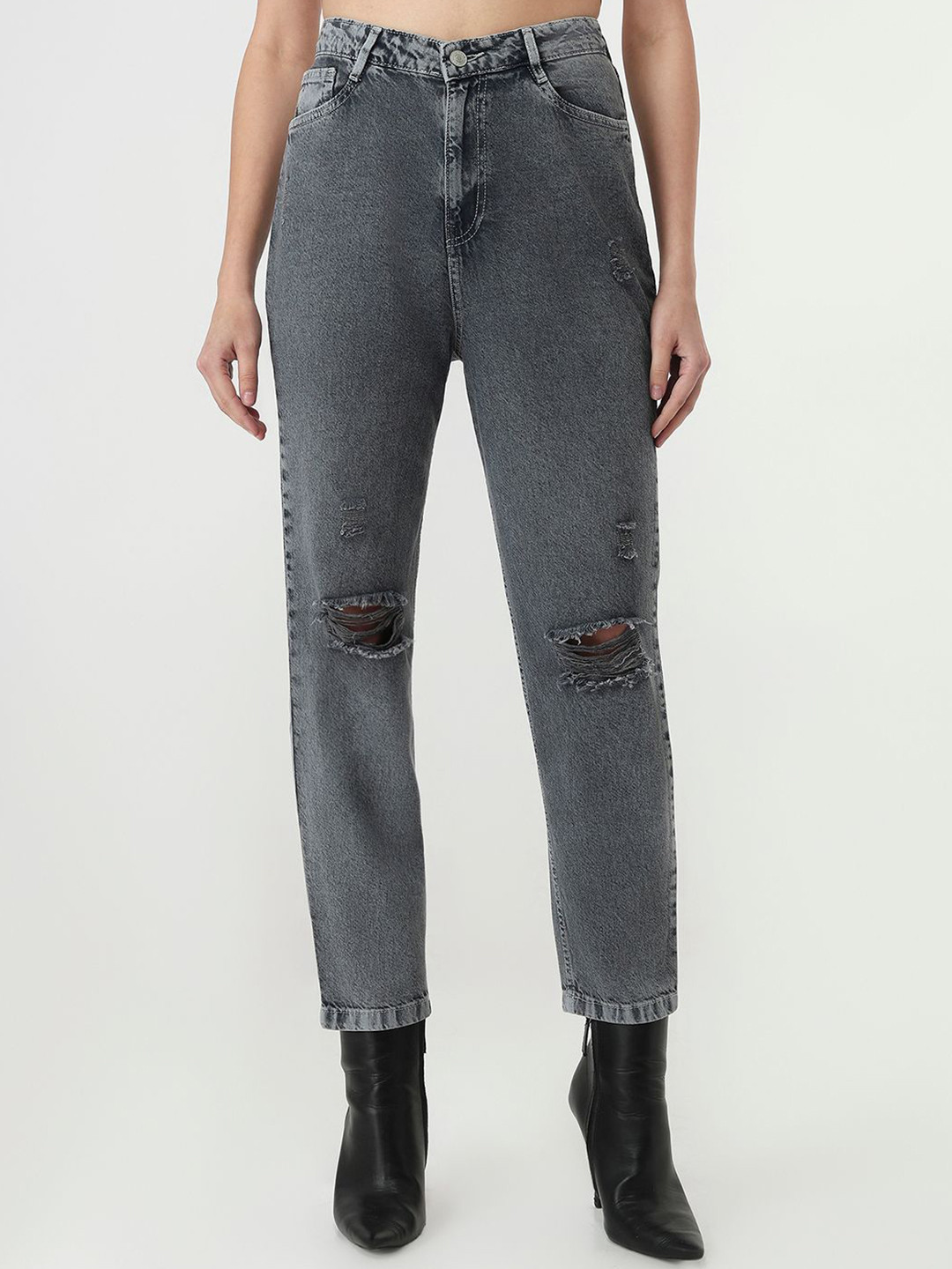 Kraus Jeans Women High-Rise Mildly Distressed Slash Knee Jeans