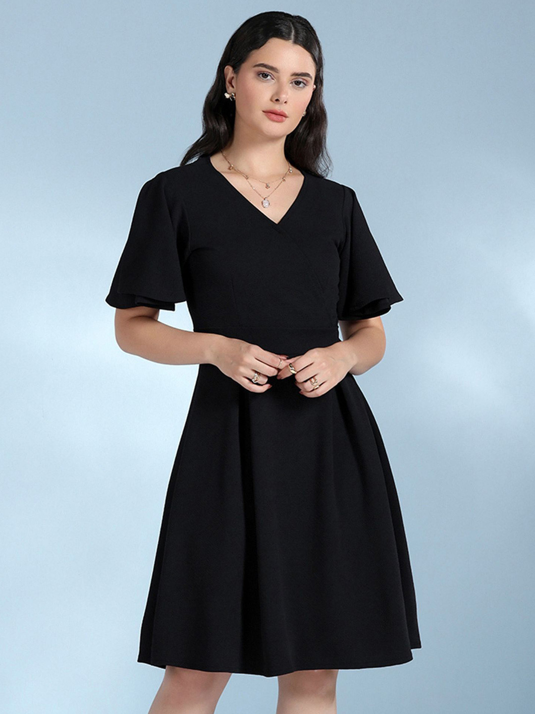 Selvia Edge Solid Gathered or Pleated Flutter Sleeve Fit & Flare Midi Dress