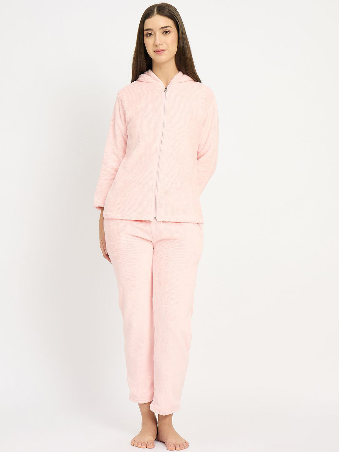 Camey Women Full Sleeve Jacquard Zipper Hoody Nightsuit