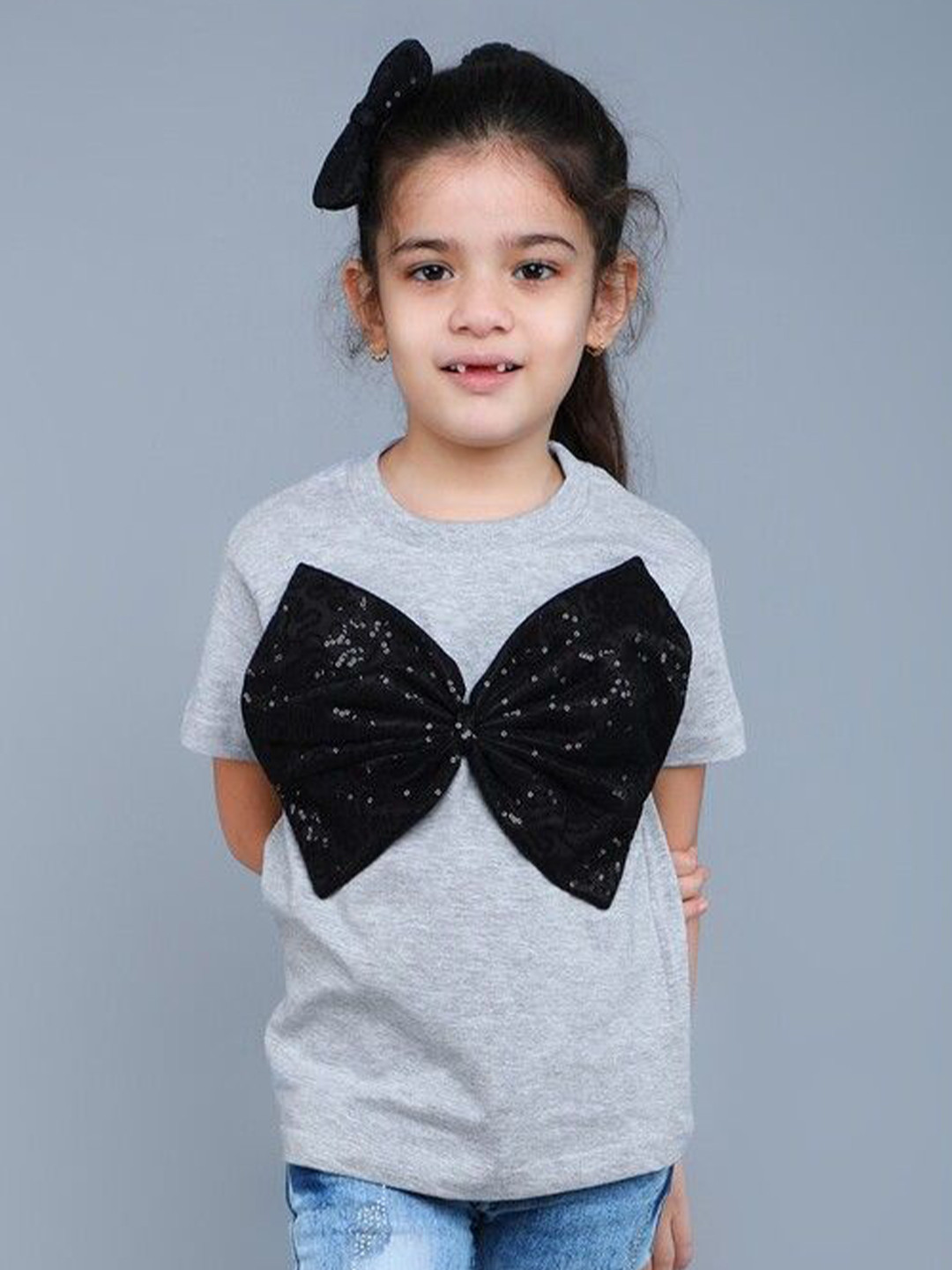 Pink Chick Vibe Tee Girls Self Design Round Neck Cotton Tshirt With Hair Clip