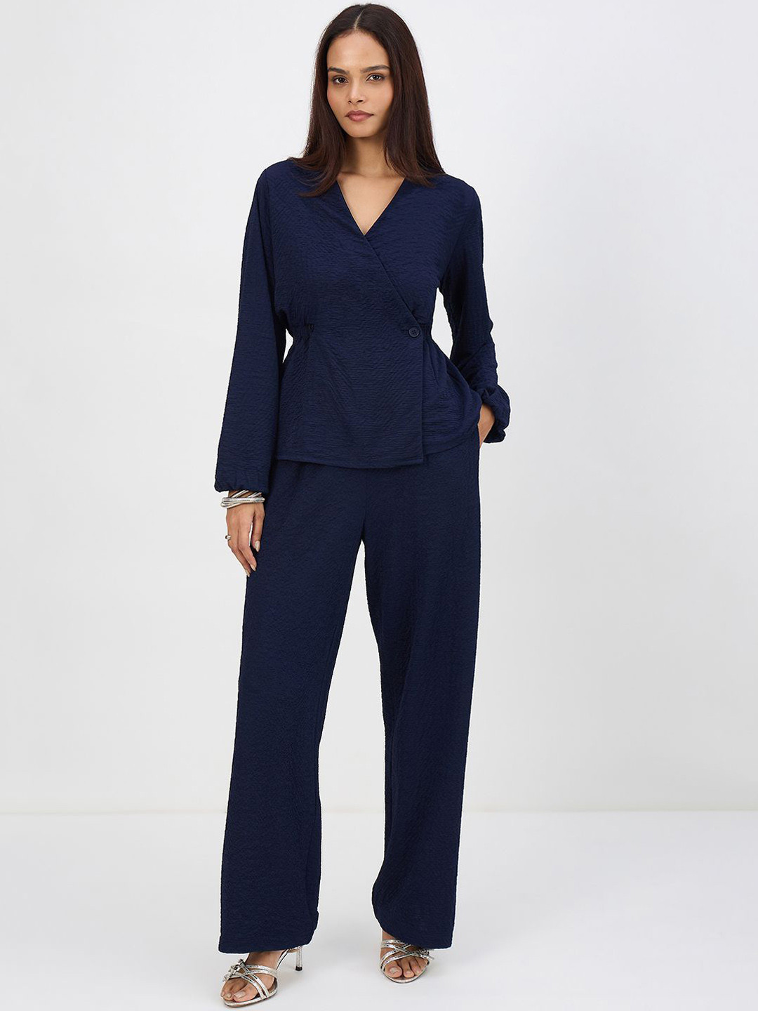 FEMMELLA V-Neck Long Sleeves Textured Wrap Top With Trousers