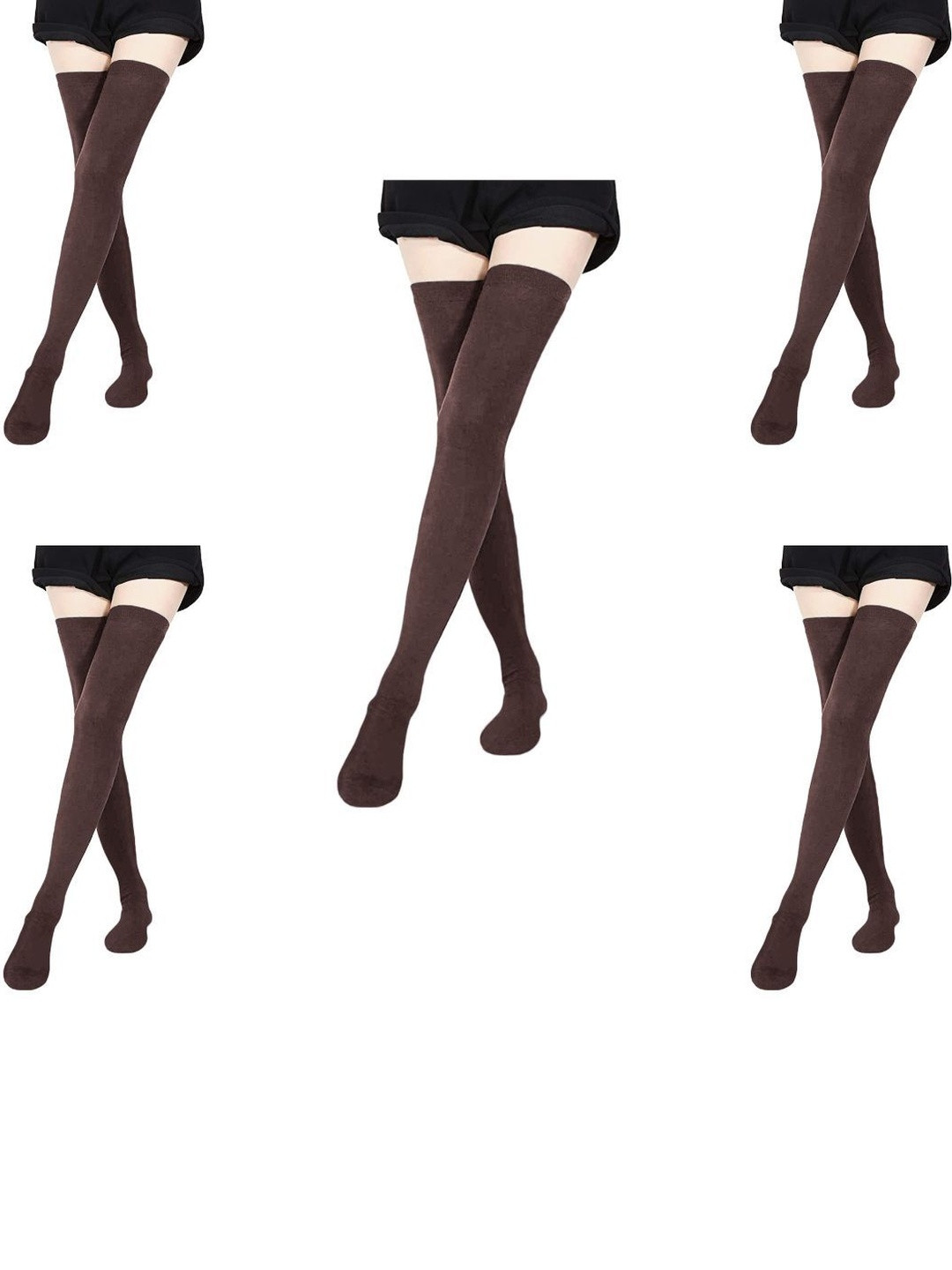 MUKHAKSH Women Set of 5 Brown Cotton Stocking Over the Knee Thigh Length Thigh High Socks