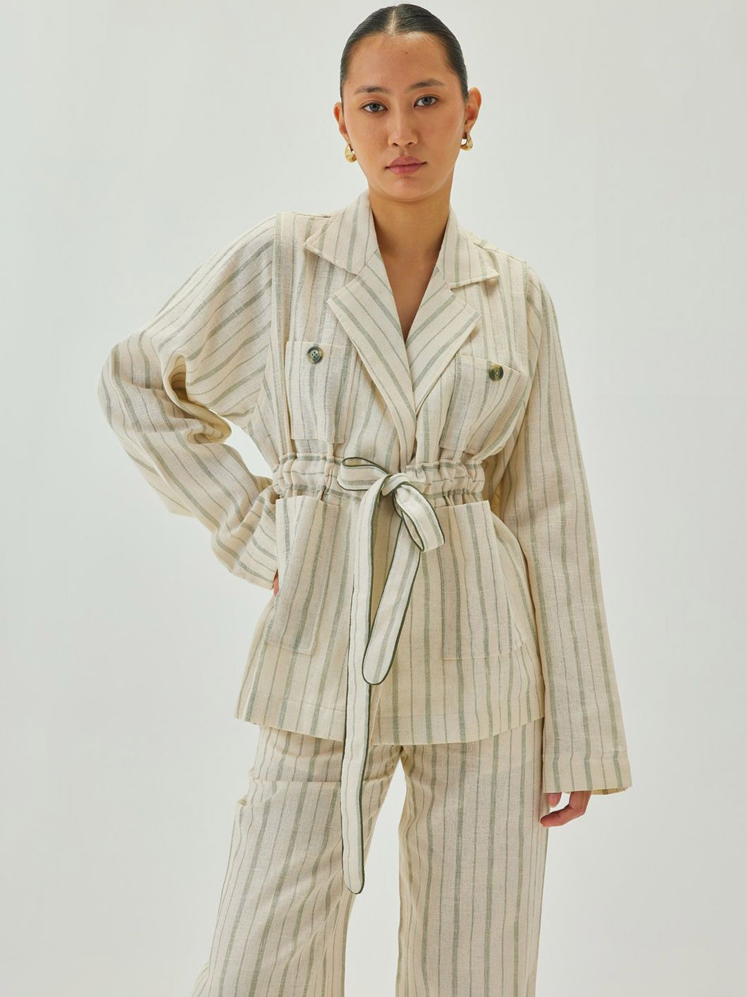 Shop Staple Women Striped Linen Tailored Jacket with Cinched Waist