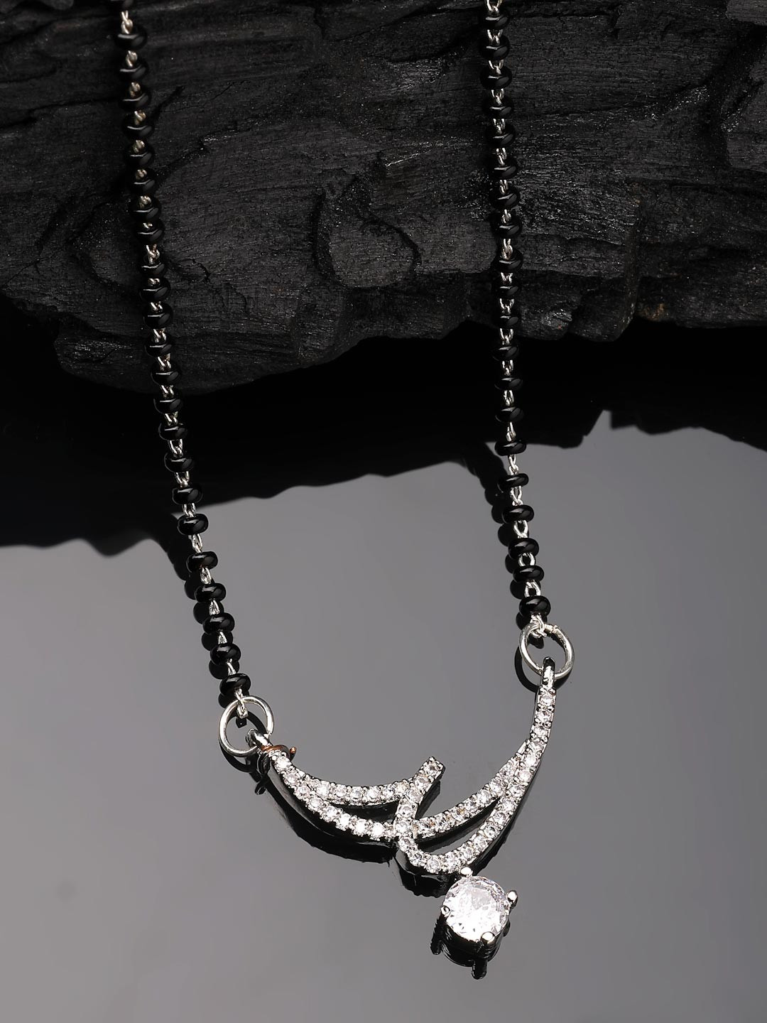 ADIVA Silver-Plated American Diamond Studded & Beaded Mangalsutra