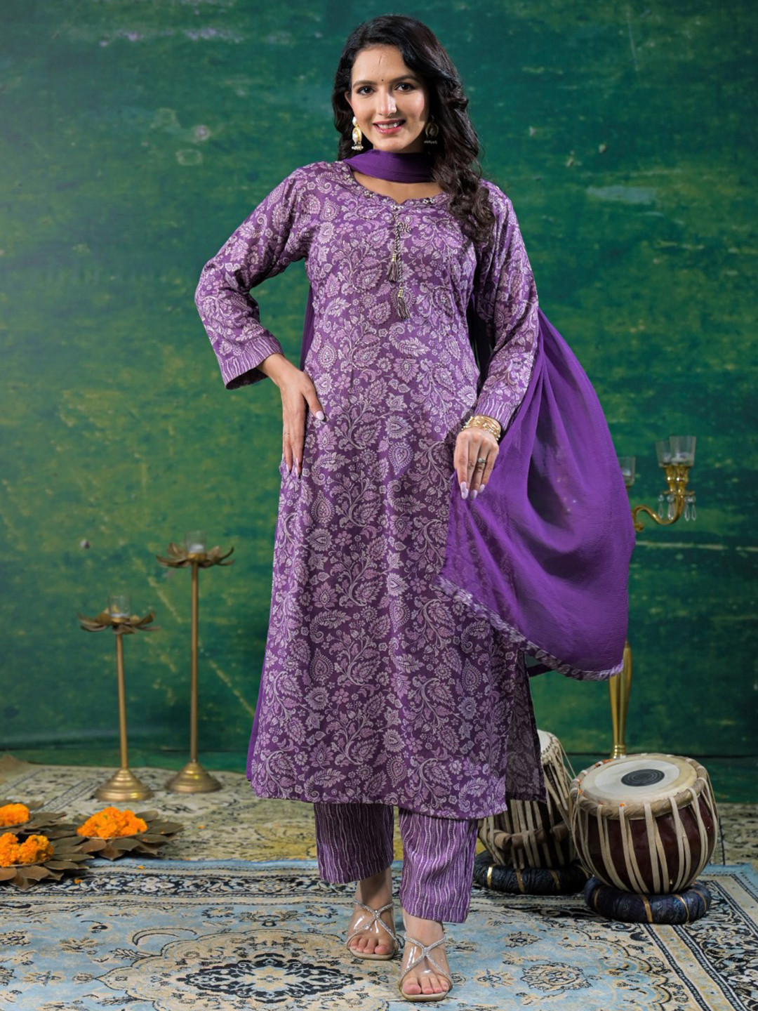 AUTUMN LANE Women Purple Paisley Printed Round Neck Regular Pure Cotton Kurta Sets