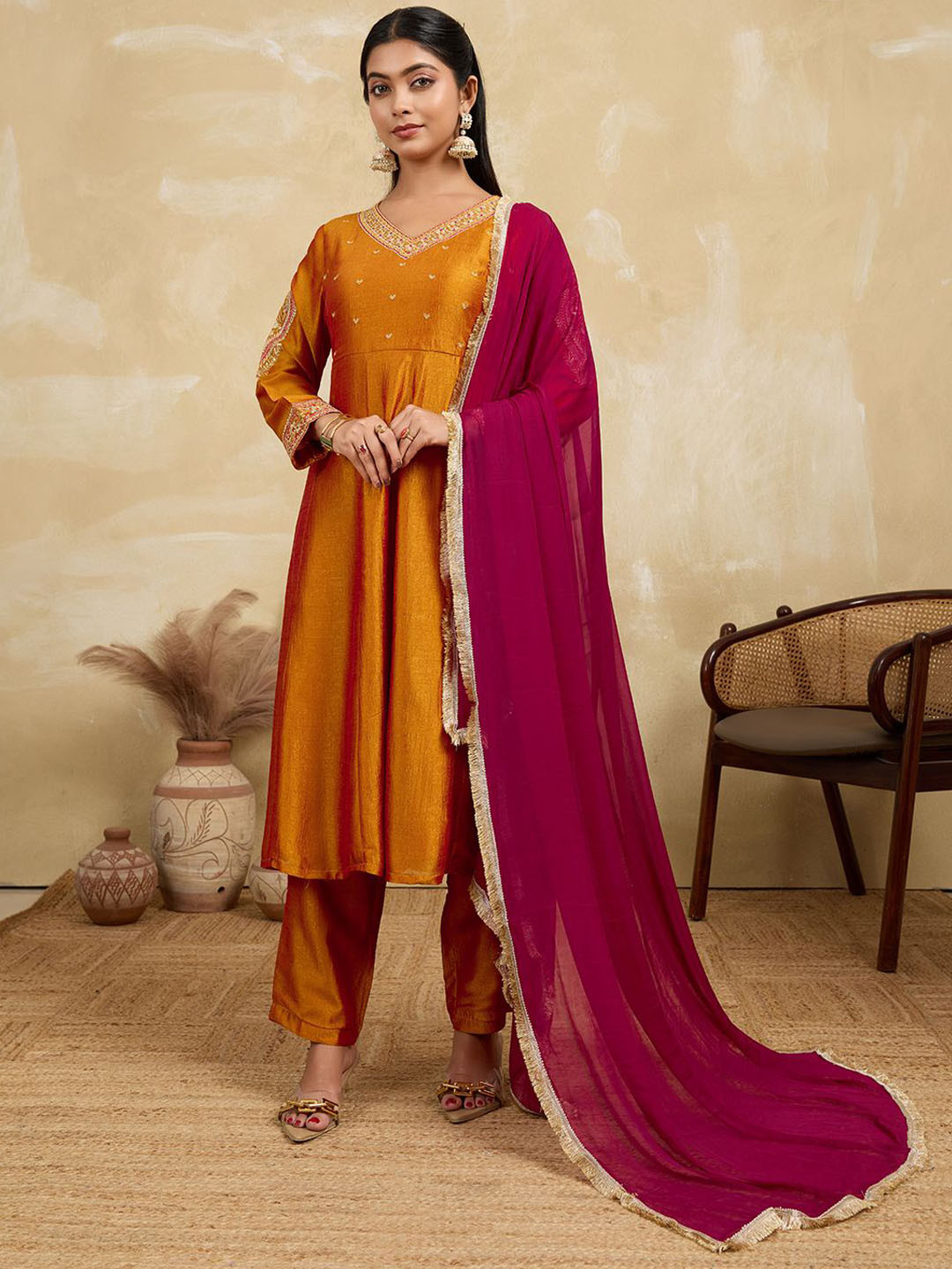 House of Pataudi Ethnic Motifs Embroidered Anarkali Kurta With Trouser & Dupatta