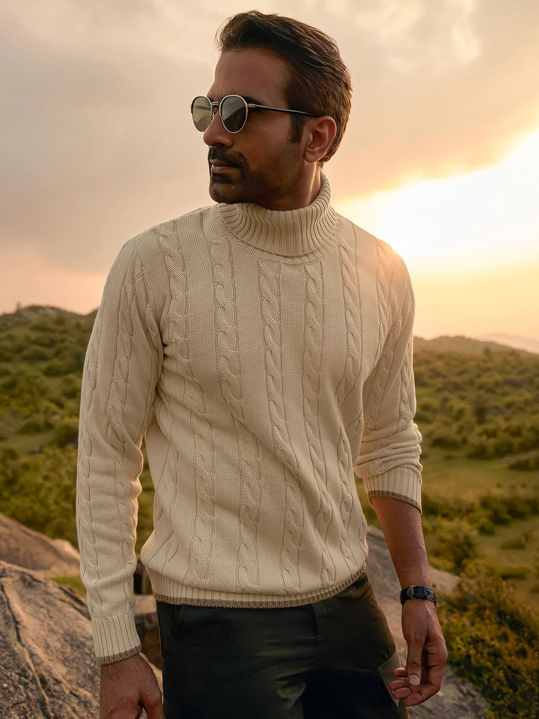 Andamen Men Cabling Cotton Blend Regular Fit Pullover-S-Reg