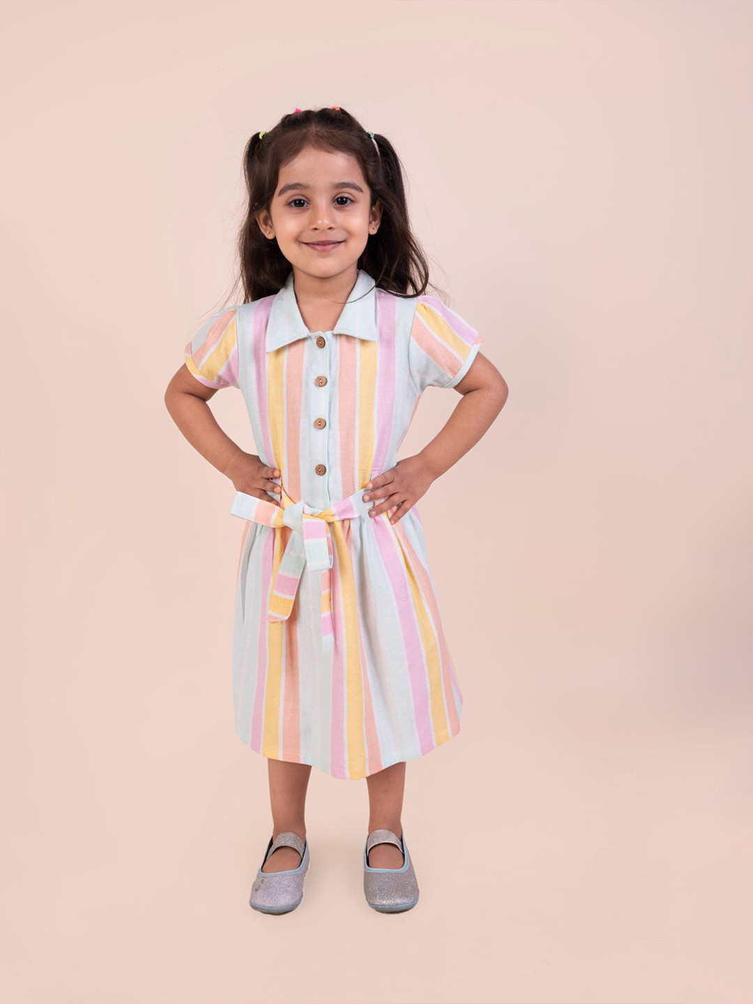 SNUGGLY MONKEY Girls Striped Shirt Collar Puff Sleeve Fit & Flare Dress