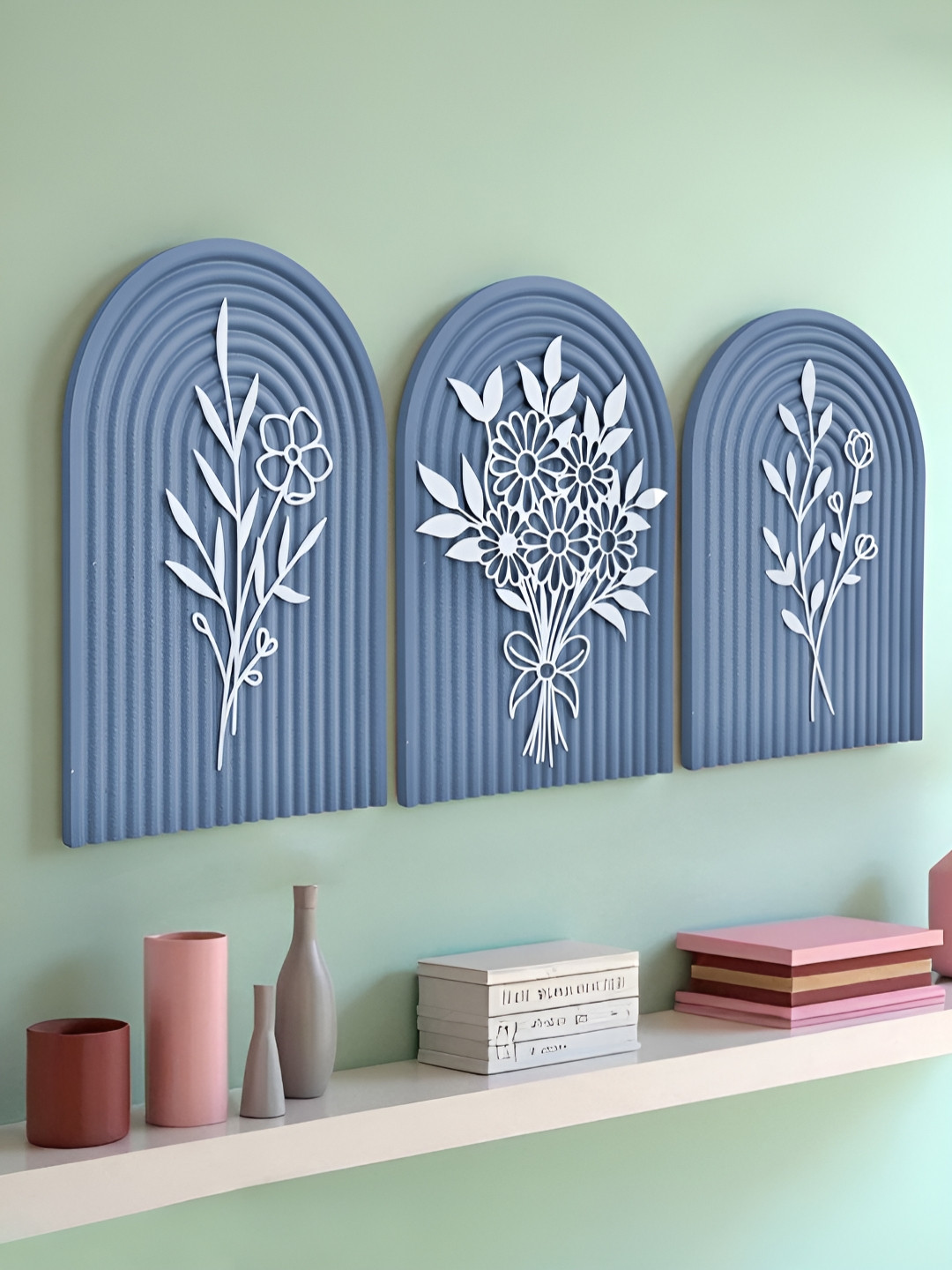 Art Street Blue & White 3 Pieces Boho Floral Textured Wooden Wall Hangings