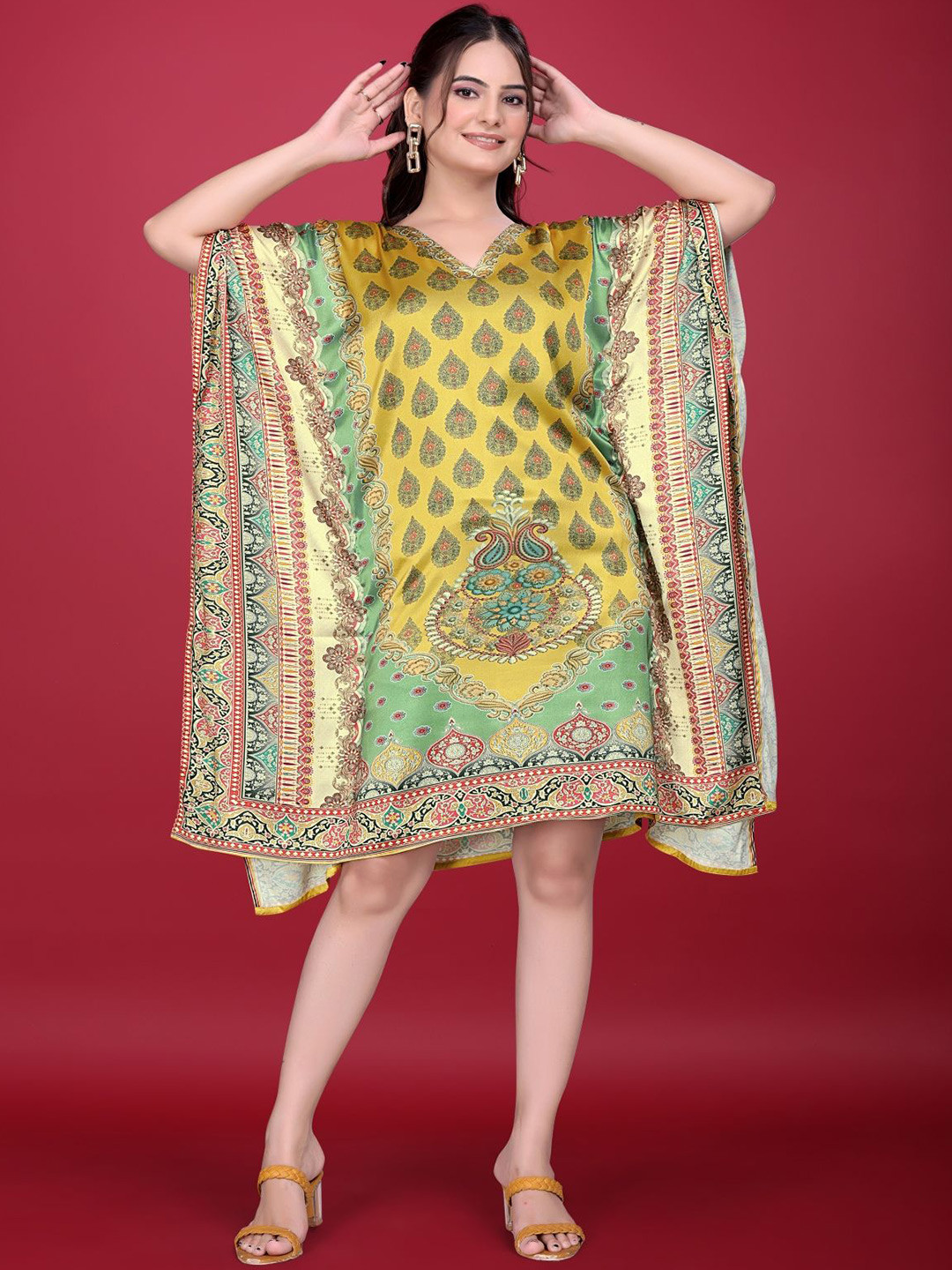 SilkSutra Bohemian Printed Kimono Sleeve Kaftan Dress