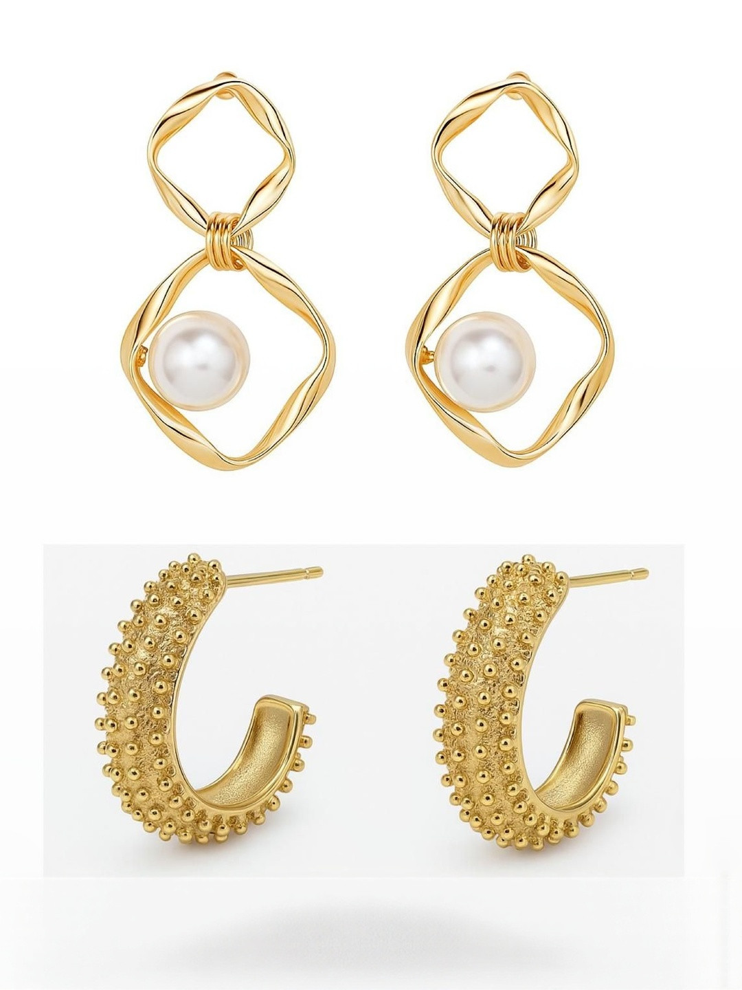 Kapani Fashion Set Of 2 Gold-Plated Diamond Shaped Drop Earrings