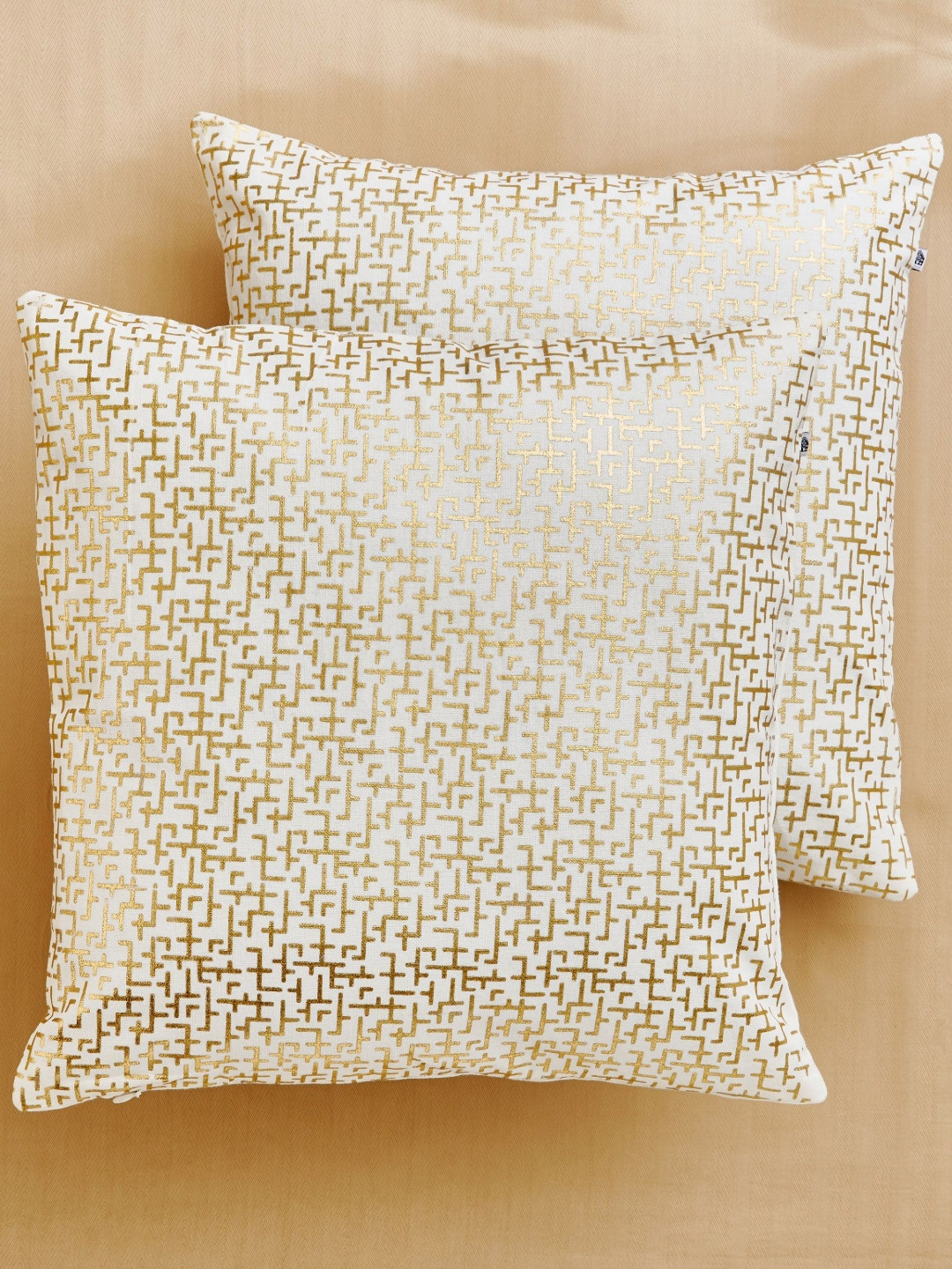 Home Centre Celestial Gleam Off White & Gold-Toned 2 Pieces Printed Square Cushion Covers
