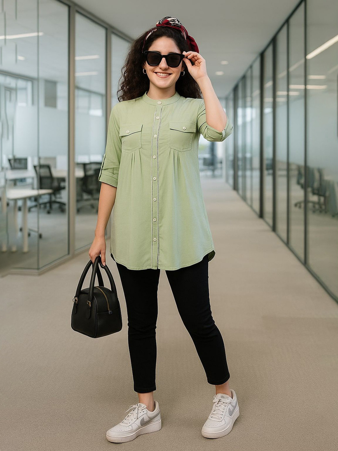 Tulsattva Women Mandarin Collar Chest Pocket Tunic
