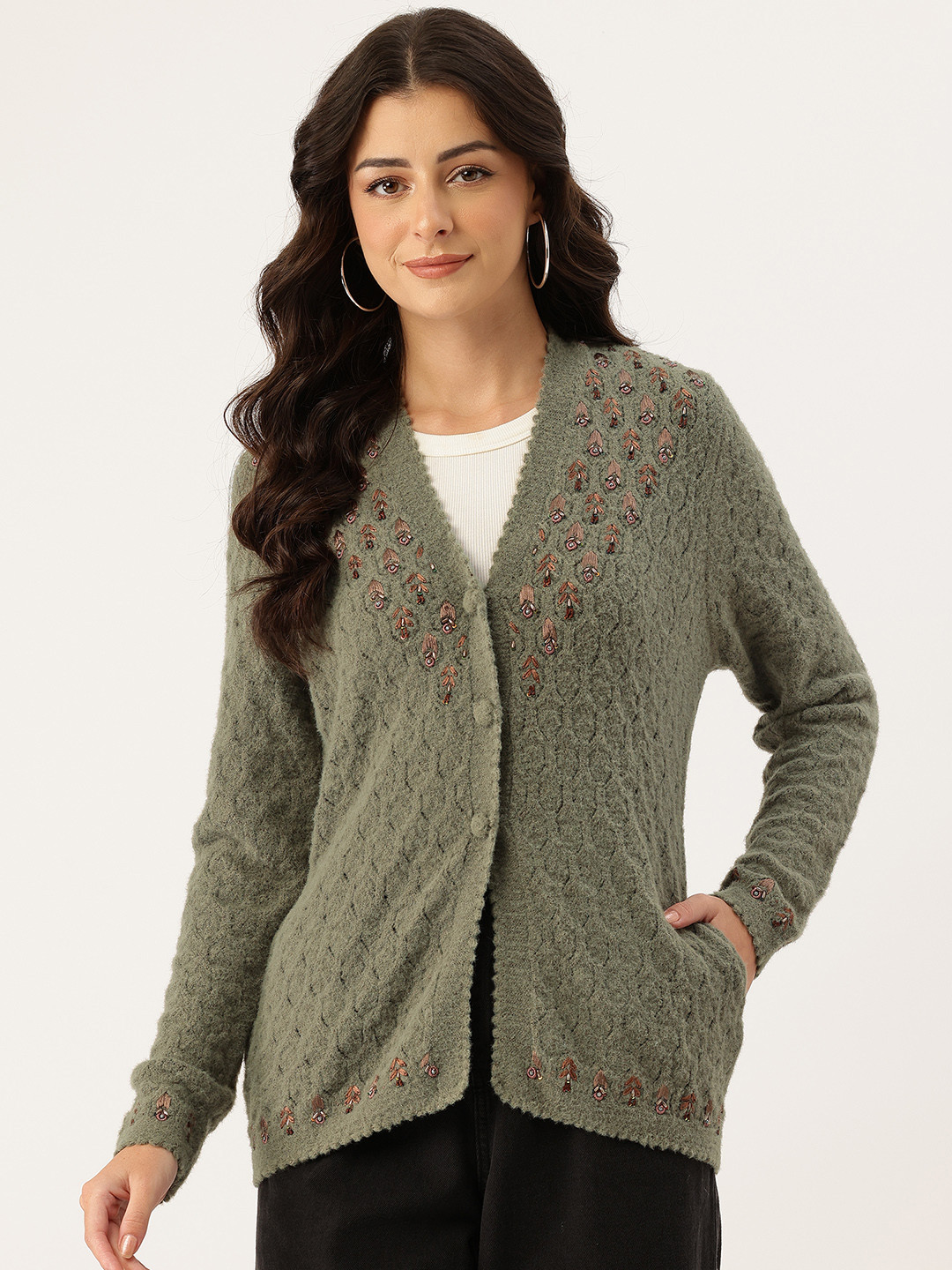 APSLEY Geometric Self Design Embellished Scallop Hem Cardigan