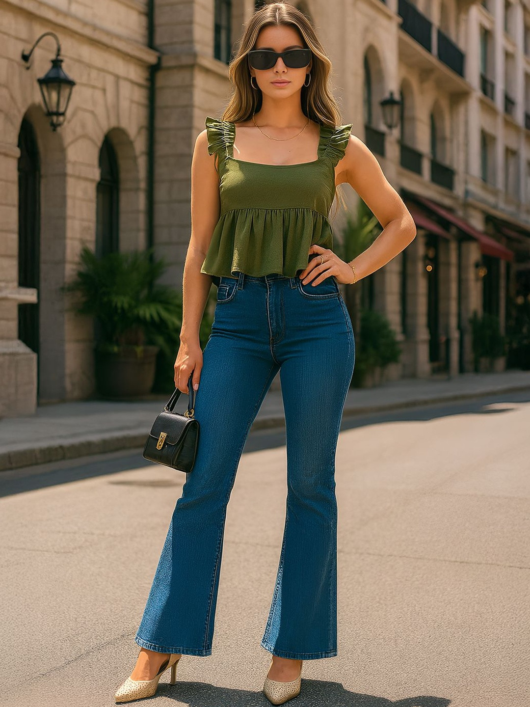 don't be basic Flutter Sleeve Ruffles Empire Crop Top