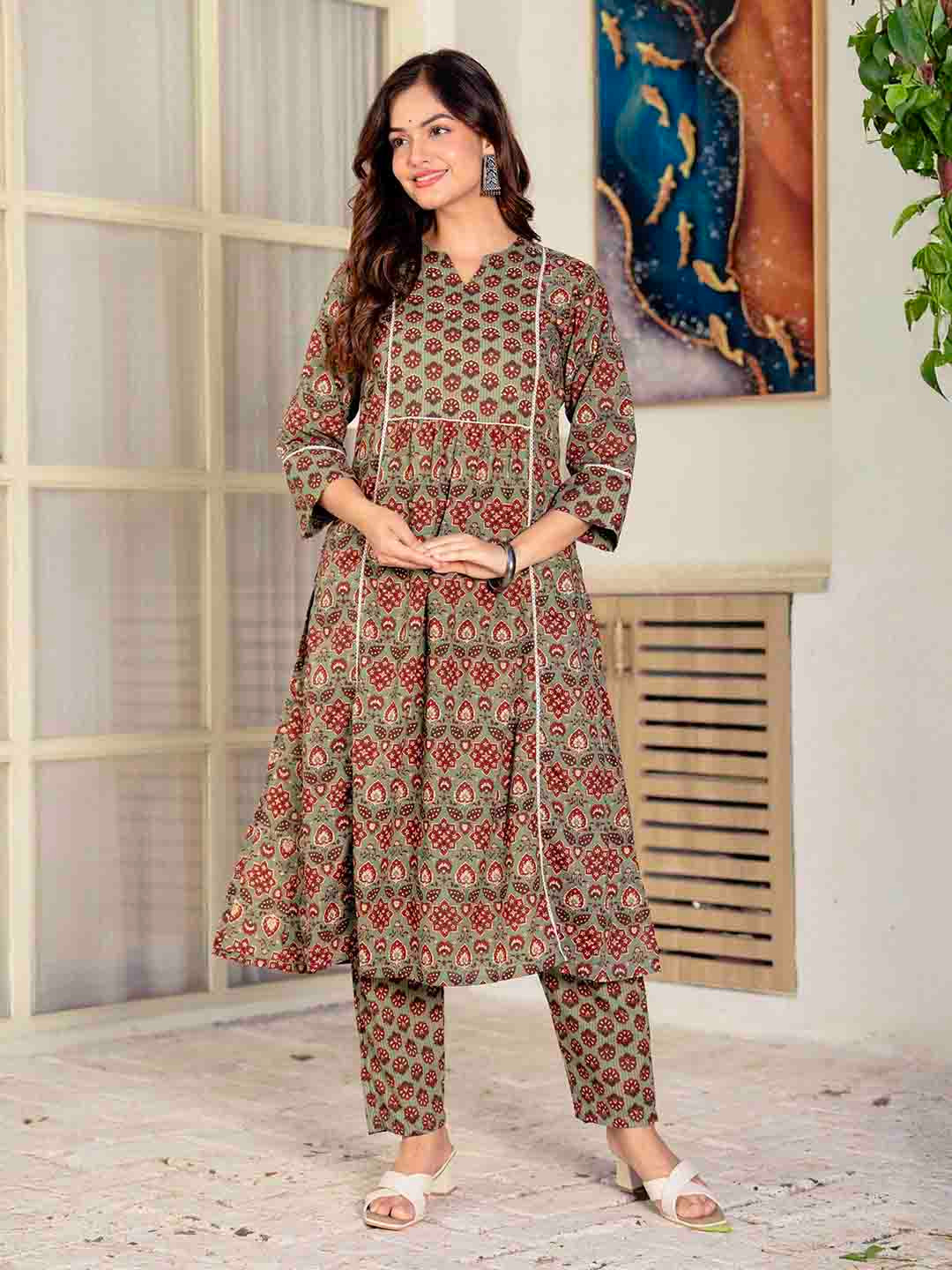 JAIMINI Women Ethnic Motifs Printed Panelled Pure Cotton Kurta with Trousers