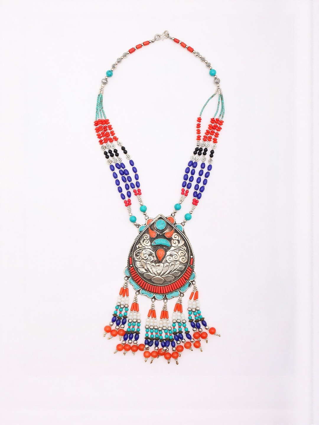 Exotic India Turquoise Stone Studded & Beaded Tibetan Tribal Style Long Necklace