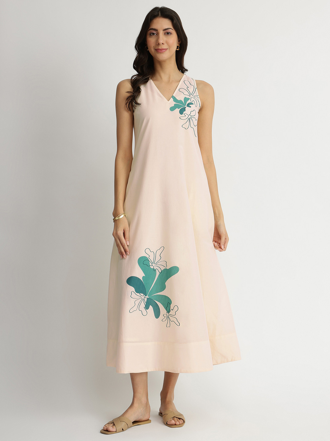 Pink Fort Women Off-White Cotton Floral Placement Printed Dress