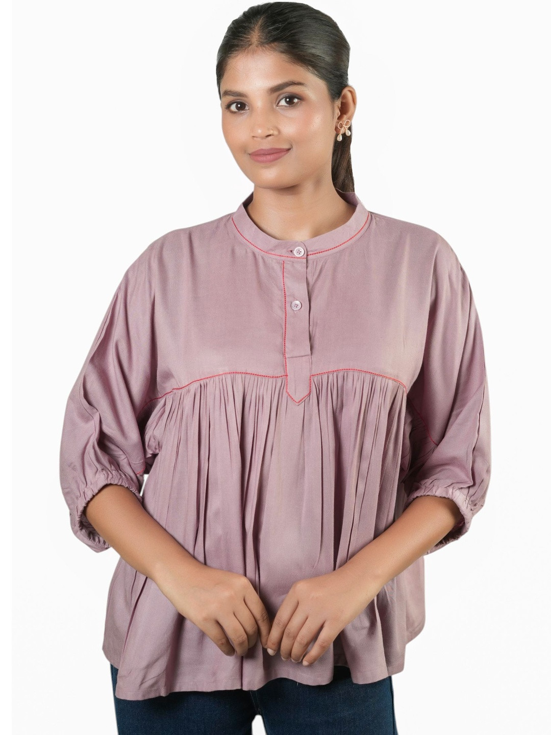 PALL&WE Pleated Detail Mandarin Collar Cotton Top