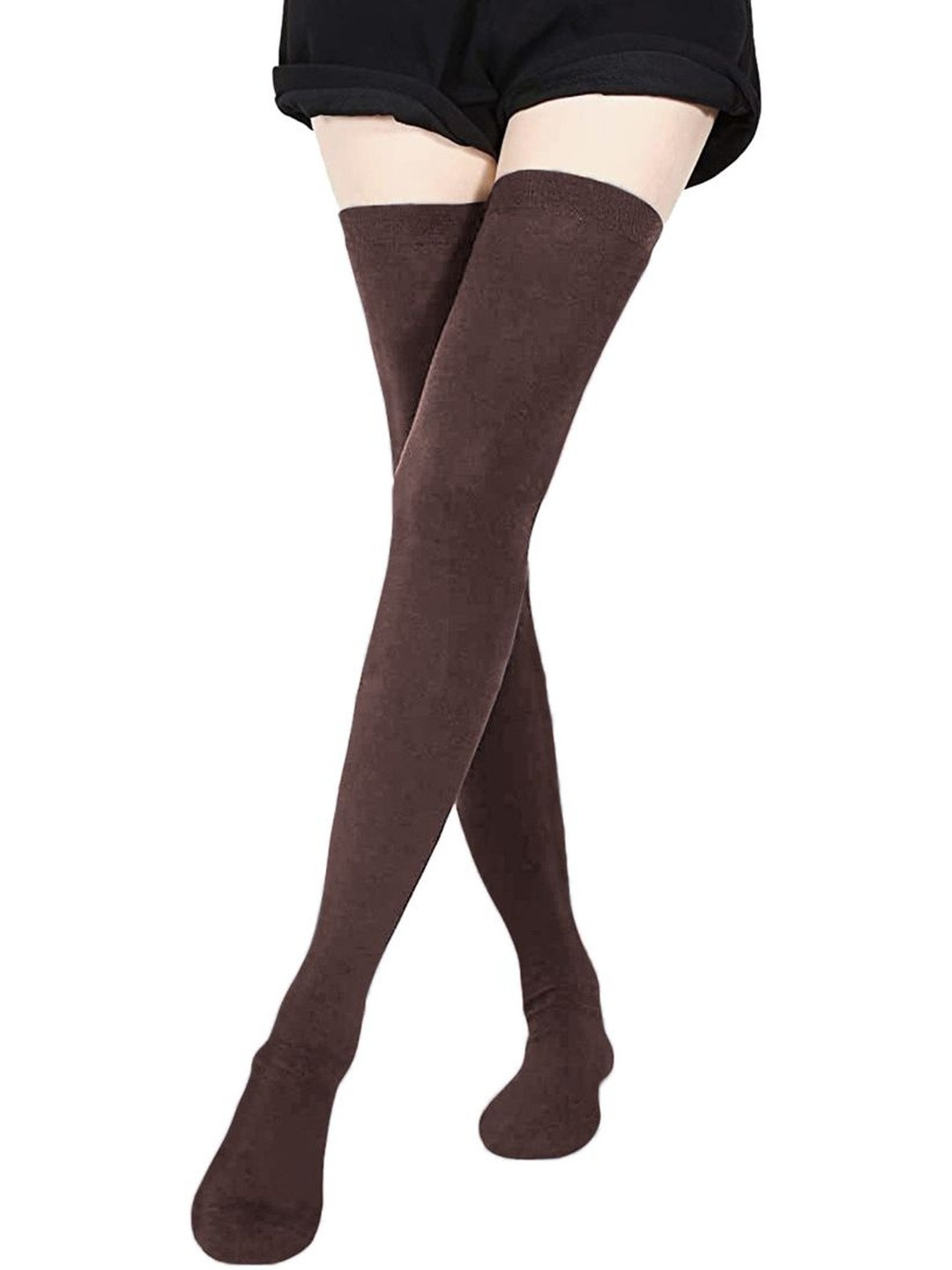 MUKHAKSH Women Pack of 3 Brown Cotton Thigh High Stocking Socks