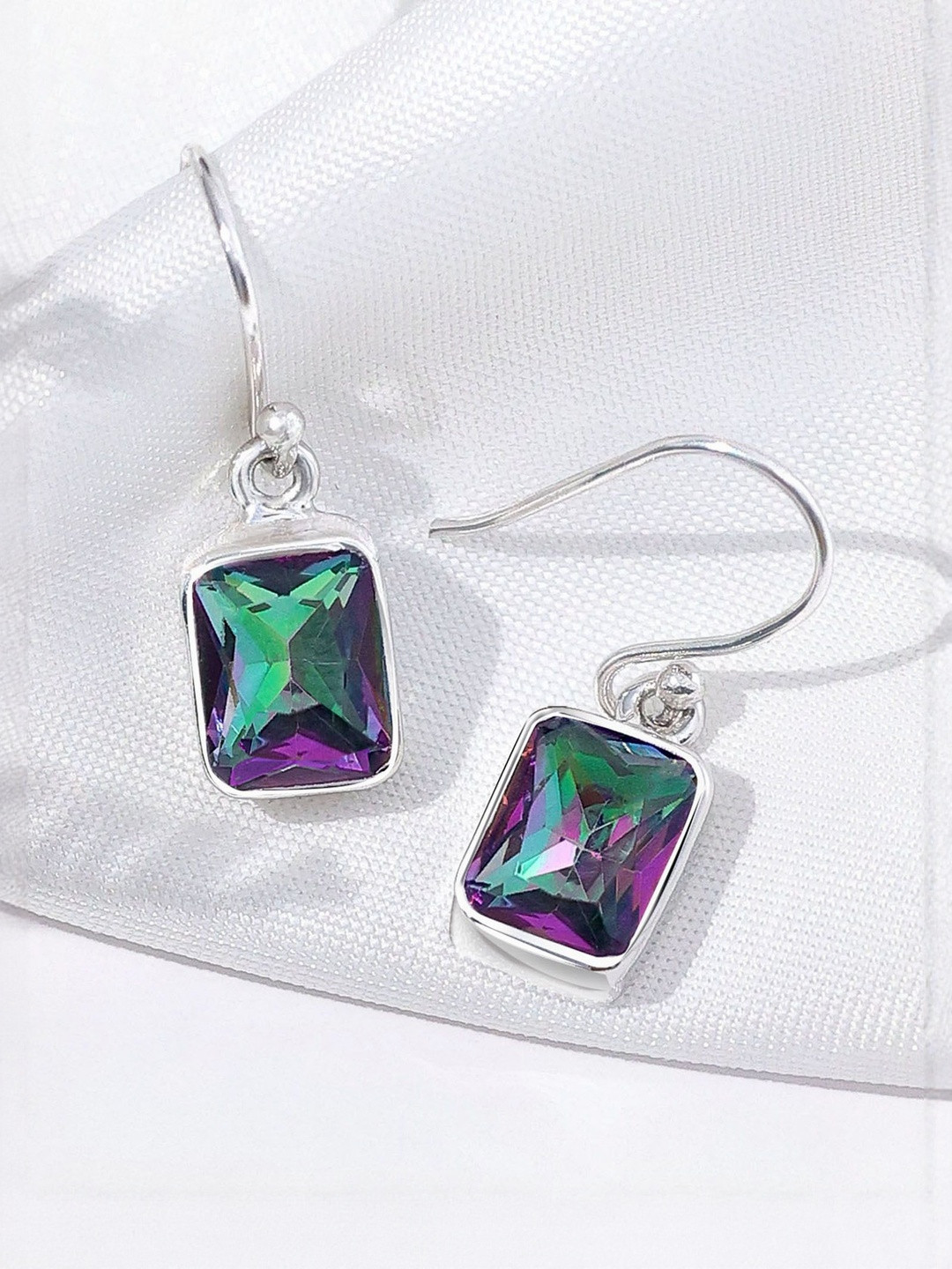 Tweov 925 Sterling Silver Rhodium-Plated Topaz Studded Square Shaped Drop Earrings