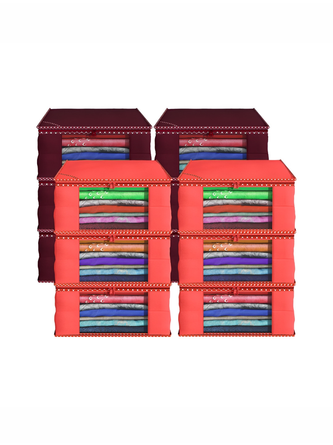 Aura Maroon & Red 12 Pieces Foldable Saree Covers Wardrobe Drawer Organisers