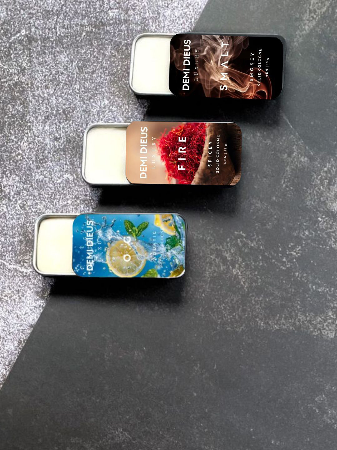 DEMI DIEUS Men Set Of 3 O G, Malt & Fire Long Lasting Solid Perfume - 15 g Each