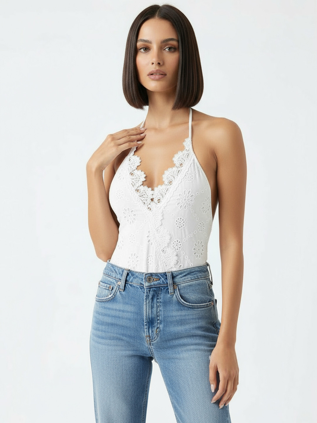 DressBerry Schiffli Lace Tie-Up Halter Neck Boydsuit