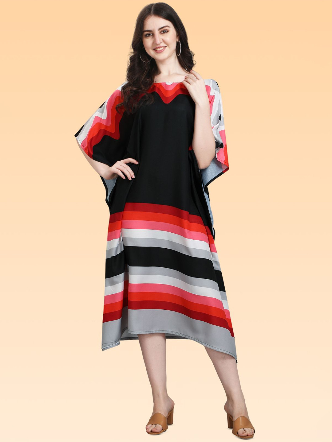 SilkSutra Women Striped Kimono Sleeve Kaftan Dress