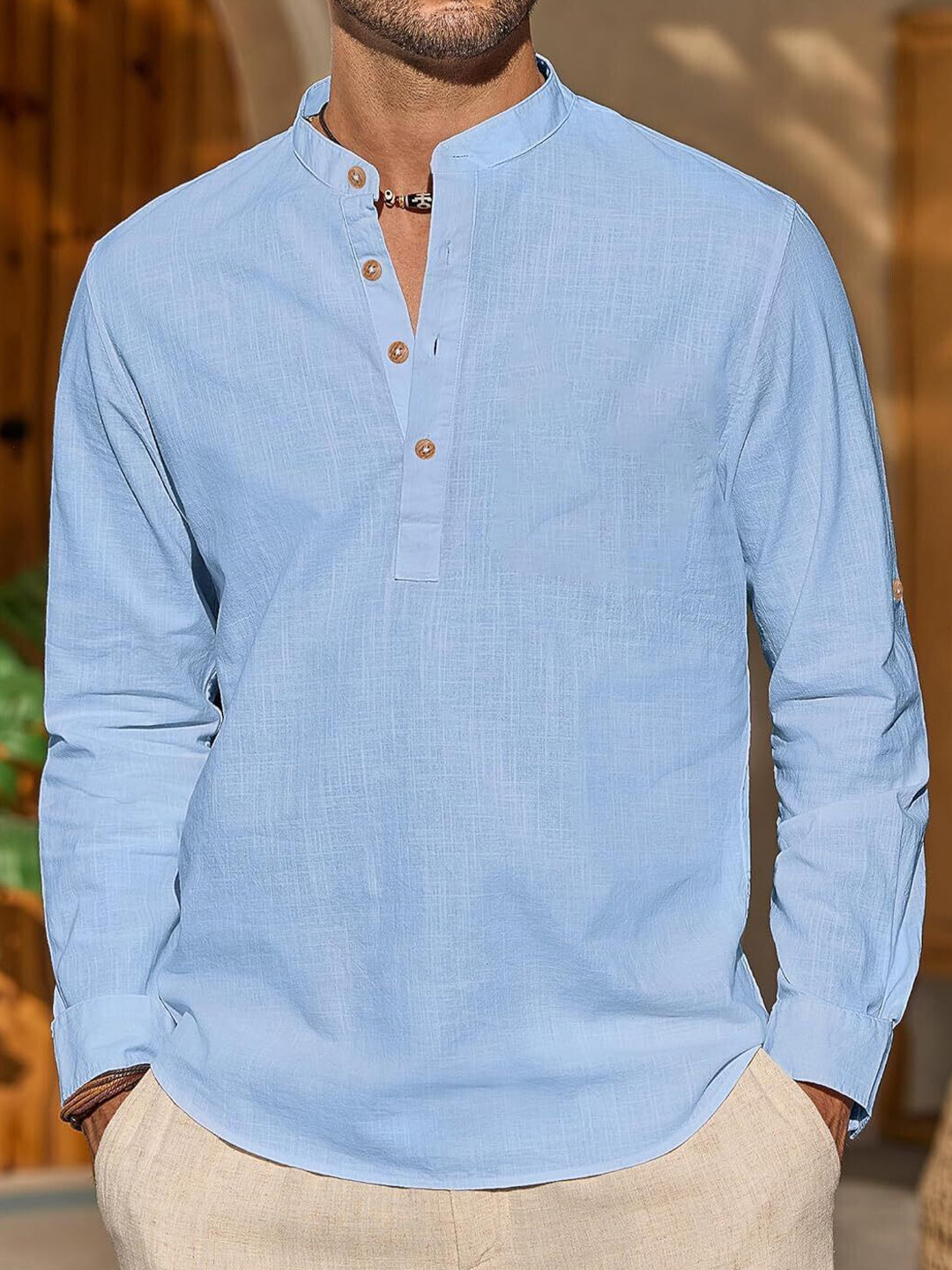 AMRIT TOP WEAR Band Collar Roll-Up Sleeves Pure Cotton Straight Kurta