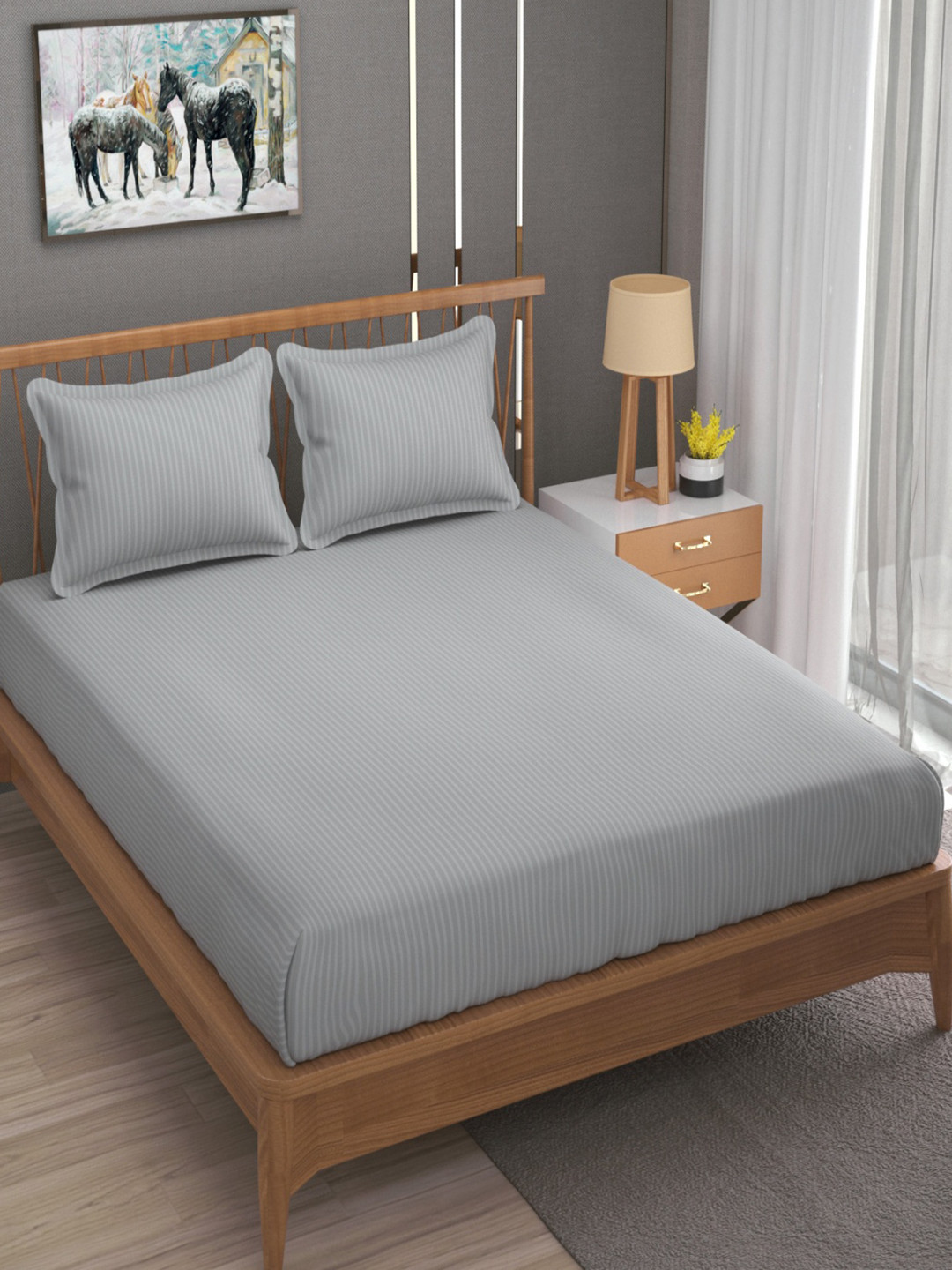 Aura Silver-Toned Striped Microfiber 160 TC Fitted King Bedsheet Set 1.98 m x 1.82 m
